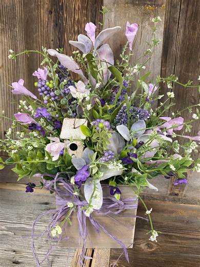 Farmhouse Purple Centerpiece- Birdhouse and Wildflower Arrangement in Wood Planter - Etsy