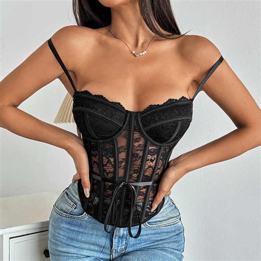 Trendy Sheer Y2K a Line Mesh Corset Camisole with Lace Trim Adjustable Ties Womens Fashion Sexy Strappy Backless Sleeveless