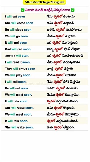 Future Tense with "Soon" | Daily Use English Sentences with Telugu meaning | Easy English Practice