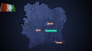 Seamless looping animation of the earth at night zooming in to the 3d map of Ivory Coast with the capital and the biggest cites in 4K resolution