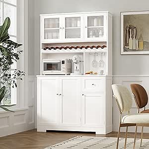 BOTLOG Kitchen Pantry Storage Cabinet, 71" Food Pantry Cabinet with Coffee Bar, Kitchen Hutch with Wine Rack, Microwave Stand, Multiple Storage Shelves, White Smooth Paint Finish