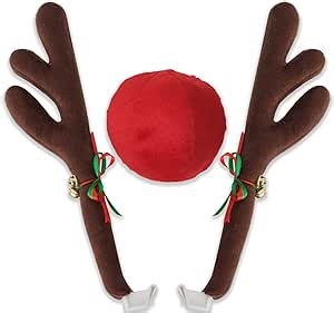 OxGord Reindeer Antlers & Nose - Christmas Decorations for Window Roof-Top & Grille Rudolph Reindeer Kit - Auto Holiday Exterior Accessories Kit Best for Car SUV Van Truck