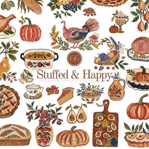 Watercolor Thanksgiving Food Clipart Set, Stuffed and Happy PNG, Watercolor Fall Harvest, Autumn Dinner Turkey Pie Pumpkin, Instant Download - Etsy