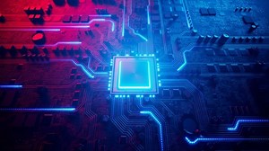 Colourful animation shows data flow in a motherboard in pc. Processor among highlighted circuits and electronic components.CPU. Hardware. Concept of digital communication, cloud computing, processing.