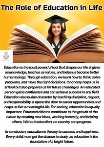 🎥 Title: "Essay on The Role of Education in Life 📚 | Importance of Education" 📄 Description: Education is the key to success and personal growth. 🌟 In this video, I present an essay on The Role of Education in Life — highlighting why education is important for individuals and society. 📚 In this essay, you’ll learn: How education shapes our future Its role in building confidence and character How it improves society and opportunities Why lifelong learning matters Perfect for students, teache