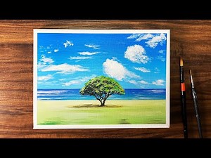 How to draw "Summer sky, clouds, sea and trees" with acrylic paint / [Let's do it together at home]
