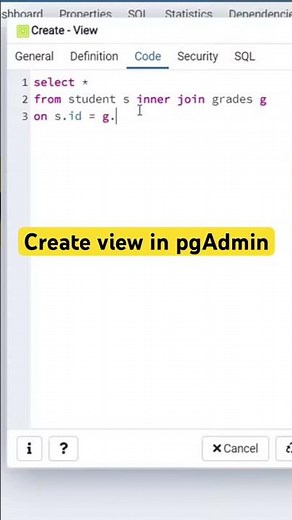 Create view using pgAdmin | postgreSQL