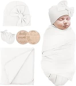 Newborn Receiving Blanket with Bow Hat Mittens Wooden Card Set Newborns Toddler Baby Boy Girl Nursery Swaddle Wrap