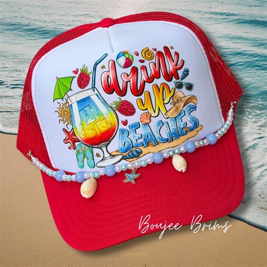 Beach Trucker Hat, Drink up Beaches, Day Drinkin, Starfish and Seashell Hat Chain - Etsy