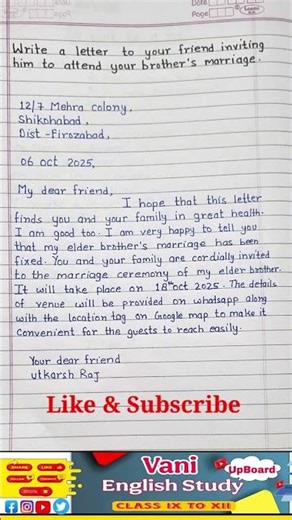 write a letter to the friend inviting him to attend your brother's marriage #important #letter