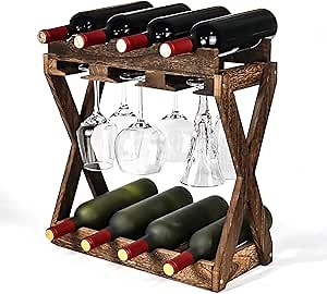 3-IN-1 Countertop Wine Rack with Glass Holder – Store 8 Bottles, 6 Stemware Glasses and Wine Tools | Durable Wooden Wine Bottle Holder | Elegant Home Decor for Kitchen, Dining, and Living Room