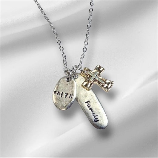 Faith and Family Necklace, Hand Stamped Necklace, Gift for Mom, Gift for Grandmother, Cross Necklace, Christian Jewelry - Etsy