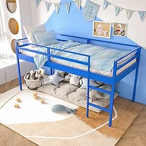 Low Loft Bed Twin Size Iron Bed Frame for Toddlers, Younger Children, Kids, Blue, RIBE01