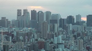 TOKYO, JAPAN : Aerial high angle sunset CITYSCAPE of TOKYO. View of buildings around Shinjuku. Japanese urban metropolis concept shot. Long time lapse shot dusk to night. Wide tracking shot.