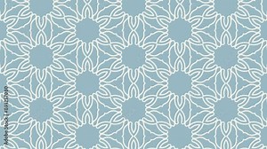 Seamless loop animation of blue background with repeating pattern of white floral shapes, Ideal for backgrounds, presentations, or textile designs