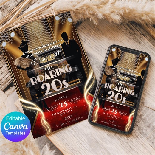 Roaring 20s Invitation, Red Carpet Great Gatsby 1920s Birthday Invite, Old Hollywood Glam Harlem Nights | Editable Canva Template - Etsy