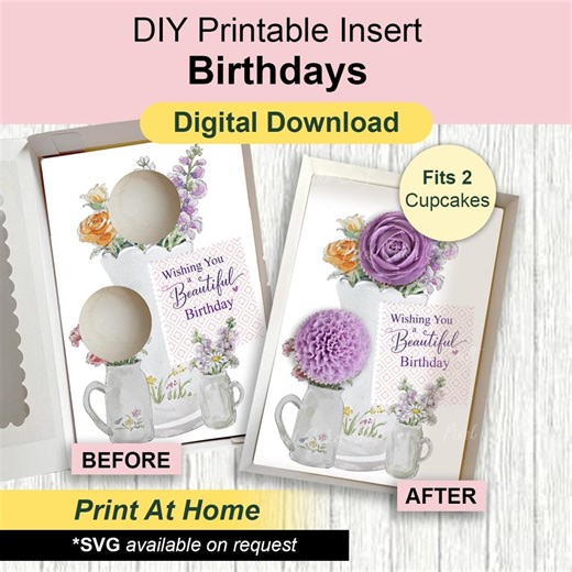 Birthday 3 Vases Cupcake Gift Box, Pastel Floral Insert Template, DIY Print at Home, 2 Standard Cupcakes, Presale Bakery Packaging Idea - Etsy Australia