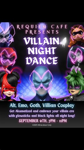 RequiemCafe on Instagram: "This Saturday, September 6th, starting at 7 pm, get your blots on and daggers out for a dastardly night of celebration! Dress up in your most evilized attire (cosplay fully welcome, or just wear the most gothic clothes in your closet) and come out for a night of dancing, blacklights, and glowsticks! Free general entry, or you can buy a ticket online for an exclusive Requiem Sticker and bundle of glowsticks. Link in bio or search: Requiemcafe.com/requiemevents All ages 