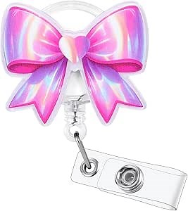 Cute Bow Badge Reel, Pink Retractable ID Card Badge Holder, Name Tag Work Badge Clip for RN LPN CNA MA ER Night Shift Nurse Nursing Student Doctor Teacher Librarian Warehouse Associate Pet Groomer