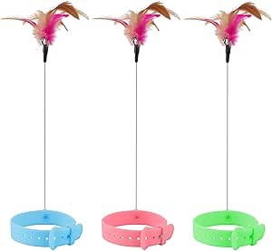 KALAMANDA Cat Collar Toy, 3 Pcs Cat Feather Toy with Neck Collar, Interactive Self Playing Toys with Bell for Indoor Kittens Small Animals(Pink/Blue/Green)