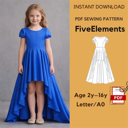 Girls High Low Dress Sewing Pattern PDF | Kids Party Dress Pattern Age 2–16 | Princess Dress Pattern | Flower Girl Dress | A0 Letter - Etsy UK