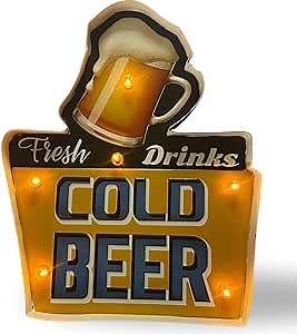 Clovers Garden Cold Beer Sign - Light Up Metal Vintage Beer Wall Décor with LED Lights – Battery Operated – Hanging or Freestanding – for Home, Game Room, Man Cave or Bar