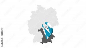 Location Bavaria on map Germany. 3d Free State of Bavaria flag map marker location pin. Map of Germany showing different states. Animated map Lands of Germany. 4K. Video Stock Video