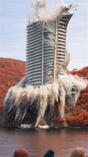 A controlled demolition brings a towering skyscraper down in seconds. Small charges trigger the collapse, the structure sinks inward, then slowly tips toward the water. Concrete dust pours down the cliff like a waterfall before the building vanishes into a cloud and a powerful splash. A striking reminder of the scale and precision behind modern engineering. Generated via AI | Daily Buzz