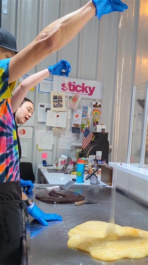 5.8K views · 84 reactions | Hand-crafting candy is tiring work... so we make sure to build in our lil' moments of fun 﫧 . . . #handmade #traditional #candy #yummy #fun #cool #artisan #bts | Sticky USA | Facebook