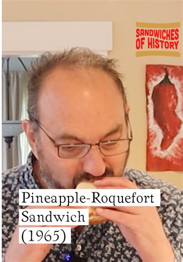 Pineapple-Roquefort Sandwich (1965) on Sandwiches of History⁣ Kicking 2026 off right with what seemed like an oddball sandwich from 1965’s Cookin’ with Dr. Pepper. Now, I know folks use Dr. Pepper in all kinds of recipes but the combo of tangy Roquefort (which is a blue cheese) and Dr. Pepper didn’t quite sound right to me. Well, about that… At any rate, I found out about this cookbook via post on the Instagram account june_cleavers_vintage_closet_ which linked to a different recipe. #fyp #sandw