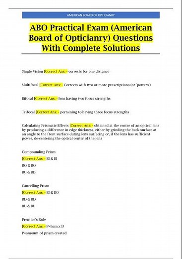 ABO Practical Exam American Board of Opticianry Questions With Complete Solutions