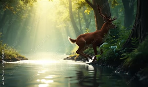 A deer leaping over a stream in a sunlit forest with trees and green foliage 4k video