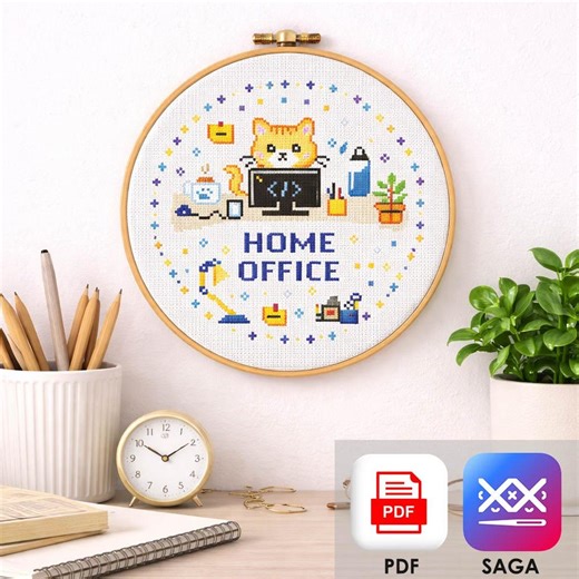 Home Office Cat Cross Stitch Pattern PDF, Funny Work From Home Embroidery Chart, Cute Programmer Kitty Desk Decor Gift PDF & SAGA - Etsy