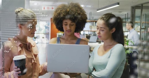 Three tech coworkers inspecting laptop, console error appearing as code and map guiding debugging
