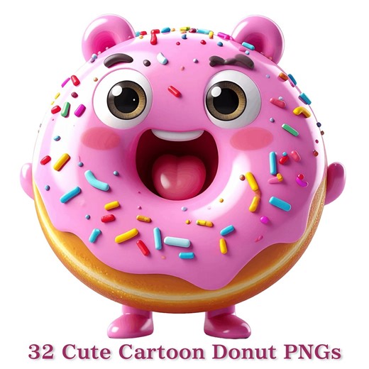 32 Cute Donut Clipart Pngs, Kawaii Cartoon Donuts With Faces, Pink Sprinkles Bakery Illustrations, Kids Food Graphics, Sticker, 300 DPI - Etsy