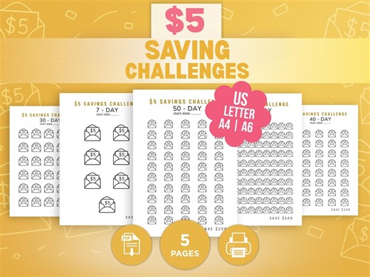 5 Dollar Savings Challenge Printable Bundle – 7/30/40/50/100 Day | 5 Dollar Challenge Tracker PDF, Cash Stuffing, A4/US Letter/a6 - Etsy