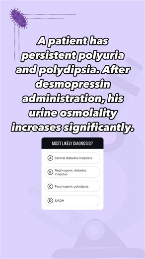 med's go on Instagram: "The desmopressin (DDAVP) test helps differentiate central DI from nephrogenic DI by assessing the kidney’s response to synthetic ADH (desmopressin). In central DI, where there is a deficiency of ADH, administration of desmopressin leads to a significant increase in urine osmolality (≥50% rise) because the kidneys are still responsive. In nephrogenic DI, where the kidneys are resistant to ADH, desmopressin has little or no effect on urine osmolality, as the defect lies in 