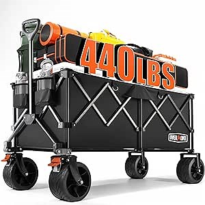 Overmont 45'' Collapsible Foldable Extended Wagon Cart - 300L Heavy Duty 440lbs Large Capacity Folding Utility Wagon with All-Terrain Wide Wheels for Camping Sports Grocery Picnic