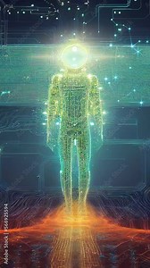 Cyborg enlightenment animated illustration, animation of glowing circuits connecting inside the matrix (generative AI, AI)