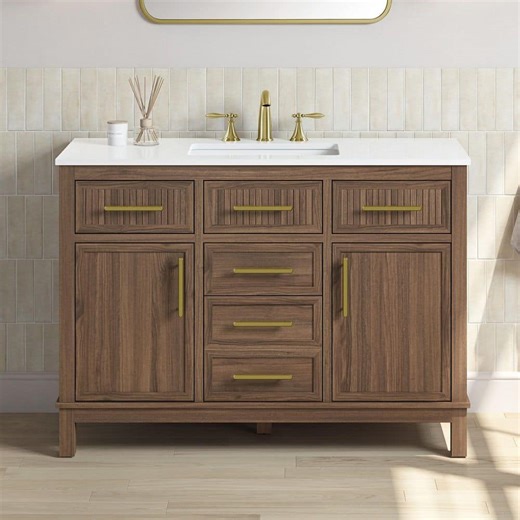 Check The Home Depot's Q&A Before Buying: Glacier Bay Riley 48 in. Single Sink Freestanding Spiced Walnut Bath Vanity with White Engineered Stone Top (Assembled)