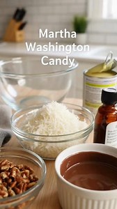 Martha Washington Candy Old-Fashioned Martha Washington Candy with Creamy Coconut-Pecan Centers Dipped in Chocolate Ingredients: 1 cup unsalted butter, softened 1 (14 oz) can sweetened condensed milk 2 tsp vanilla extract 2 cups sweetened shredded coconut 2 cups powdered sugar 1 cup finely chopped pecans 3 cups semi-sweet chocolate chips (for coating) Directions: In a large mixing bowl, beat the softened butter until smooth and creamy. Add sweetened condensed milk and vanilla extract, mixing unt
