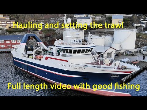 Hauling and setting the trawl out on the twinrig trawler Tobis. Good fishing