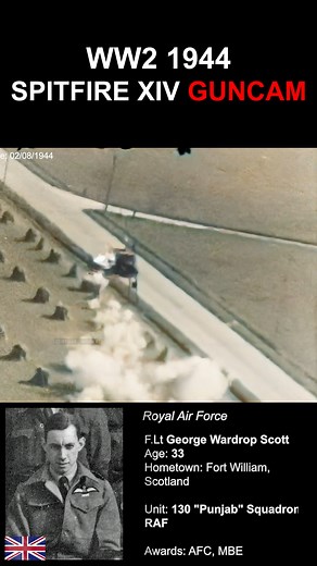 Two RAF Spitfire Pilots Attack the Same Vehicle Full Video: https://youtu.be/RQdUkAo2z7k Enhanced, colourized and sound designed gun camera footage showing two pilots from No. 130 (Punjab) Squadron RAF attacking the same ground target. The footage captures successive strafing passes by: • F/Sgt Douglas Albert Stott (Service No. 55930) • George Wardrop Scott AFC, MBE, of Fort William, Scotland Flying Spitfires with 130