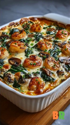 Creamy Seafood, Spinach & Mushroom Low-Carb Bake Succulent seafood is lightly seared, then finished in a garlic-parmesan cream sauce with tender mushrooms and spinach, creating a refined, low-carb bake that balances richness with clean, precise technique. 🛒Ingredients : The Seafood (approx 1.5 lbs total) Option A (Shellfish): Large shrimp (peeled and deveined) and sea scallops Option B (Fish): Firm white fish fillets (cod or halibut) or salmon, cut into 2-inch chunks 8 oz fresh mushrooms (cremi