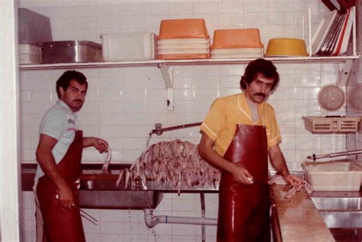 This takes us back to the late ‘80s — that’s Harry's Dad (Con) and super filleter George Verdos working through a mountain of baby shark fillets. Back then, this was the fish for all our fish & chips. That’s a lot of fish and chips if you ask us 😂🐟🍟⁠ ⁠ #TheBrothersFishMarket #Throwback #FishAndChips #FamilyBusiness #SinceThe80s #SeafoodSydney #GreekFamilyLove #SevenHillsPlaza | The Brothers Fish Market