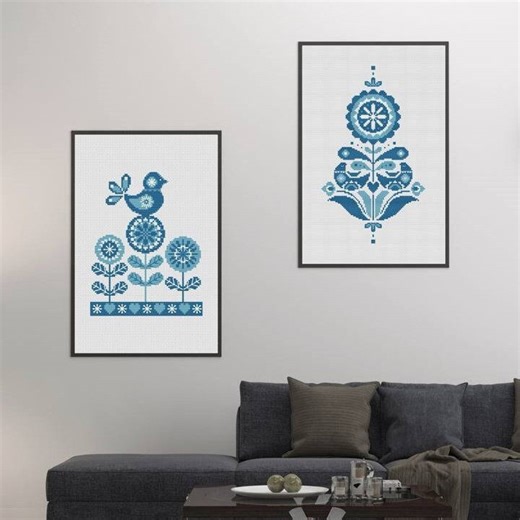 Flower & Bird Cross Stitch Pattern, Set of 2 Ethnic PDF X-stitch Designs, DIY Wall Art Picture - Etsy