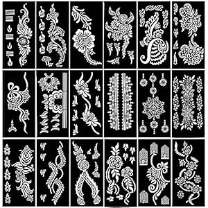 18-Sheet Henna Tattoo Stencils for Hands - Glitter Temporary Tattoo Templates, Indian Henna Tattoo Sticker Kit for Body, Arm, and Hand Painting