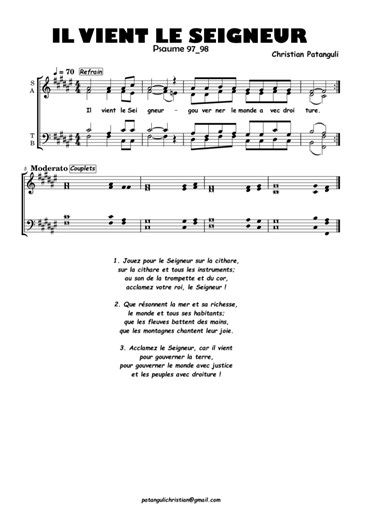 🕊️ Psaume 97 (98) – 33ᵉ dimanche du temps ordinaire, année C « Il vient, le Seigneur, gouverner le monde avec droiture. » 🌍✨ Un psaume vibrant d’espérance et de justice. Dans un monde souvent troublé, cette proclamation résonne comme une promesse : Dieu vient établir la paix, rétablir la vérité et gouverner les cœurs avec amour et droiture. 🎶 Laissez cette mélodie vous rappeler que notre Dieu règne — non par la force, mais par la lumière. 📩 Téléchargez gratuitement la partition via le lien d