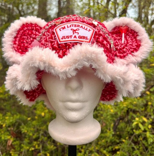 Just a Girl Pink and Red Furry Crochet Bucket Hat – Festival Rave Outfit With Chain and Candy Detail - Etsy