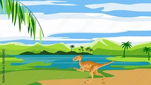 Dinosaurs walking in prehistoric landscape, cartoon 2d animation